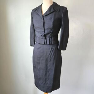 Vtg 50s Roth-Le Cover Caliday Navy Blue Raw Silk Skirt Suit Peplum Jacket 2pc